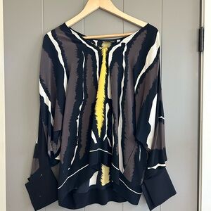 Fendi Vneck silk top in chocolate, black and yellow.